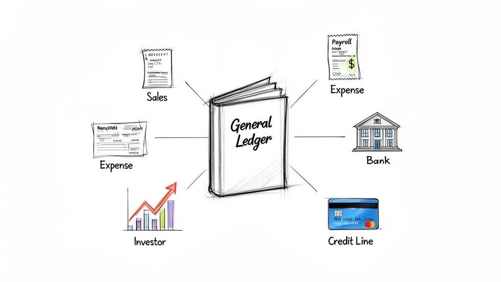 Sketch illustrating a General Ledger at its center, connected to different financial data sources.