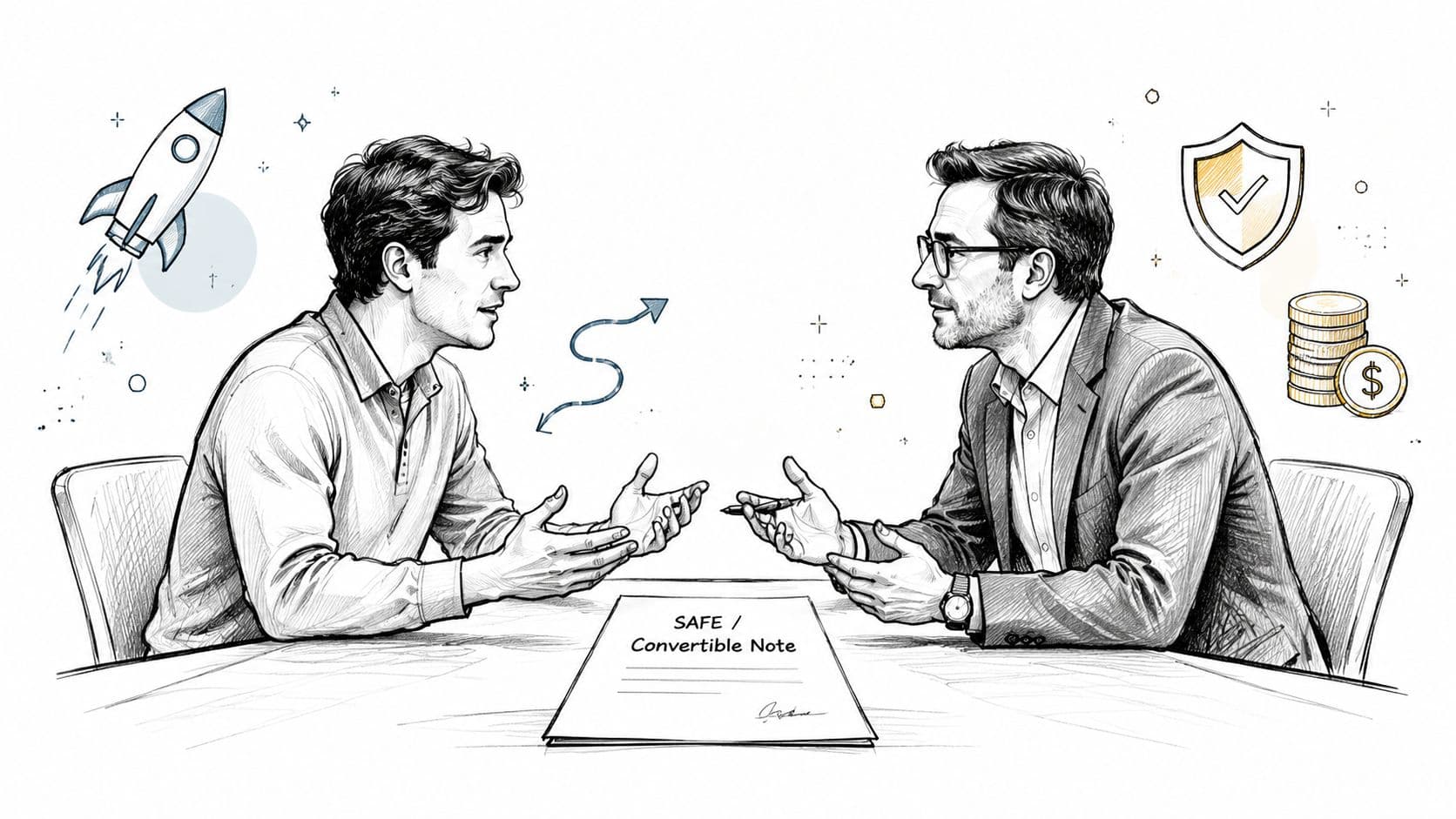 A professional business meeting illustration comparing SAFE and convertible note investment instruments between two men.