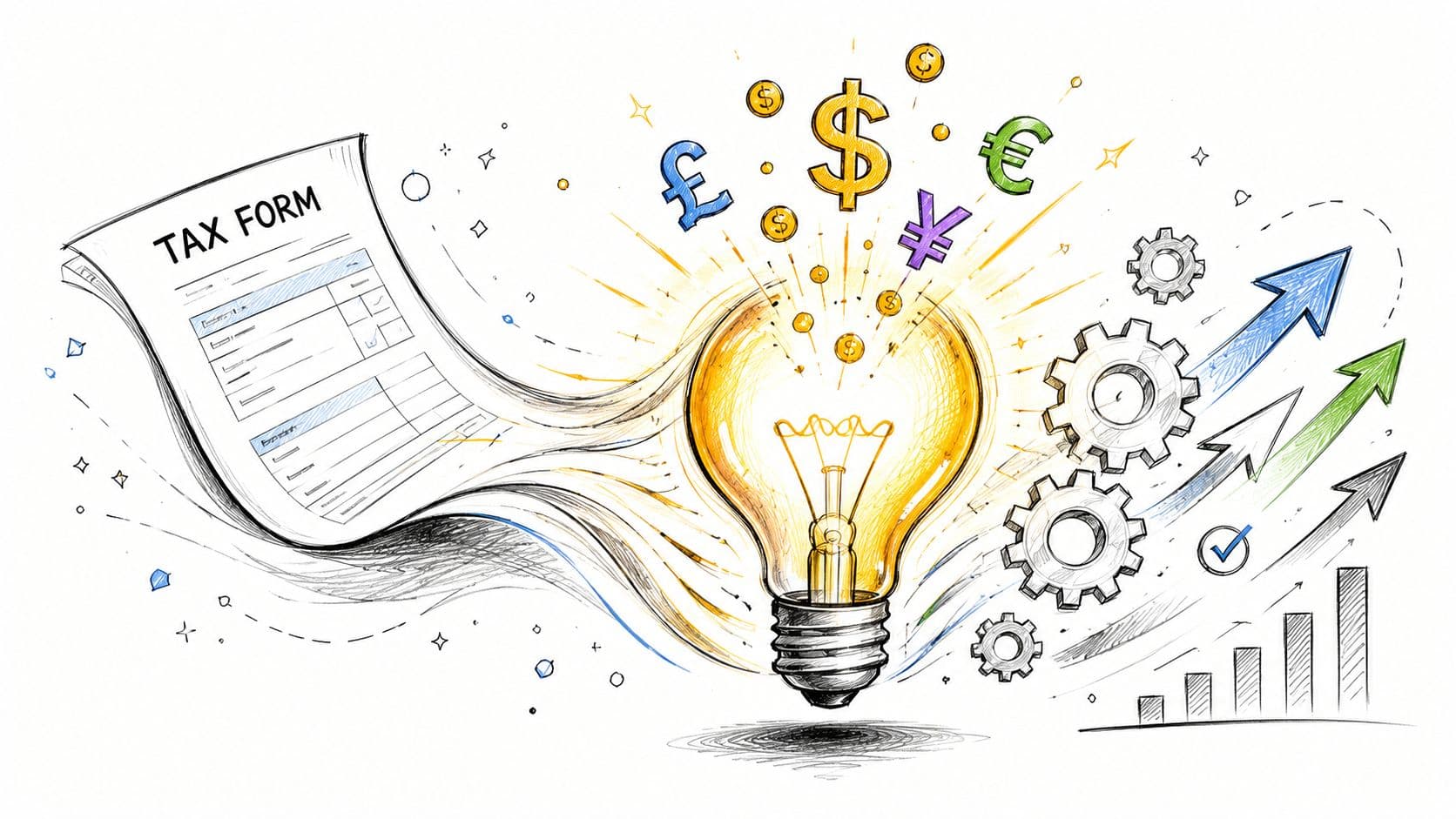 A conceptual illustration showing a tax form transforming into a glowing light bulb with currency symbols.