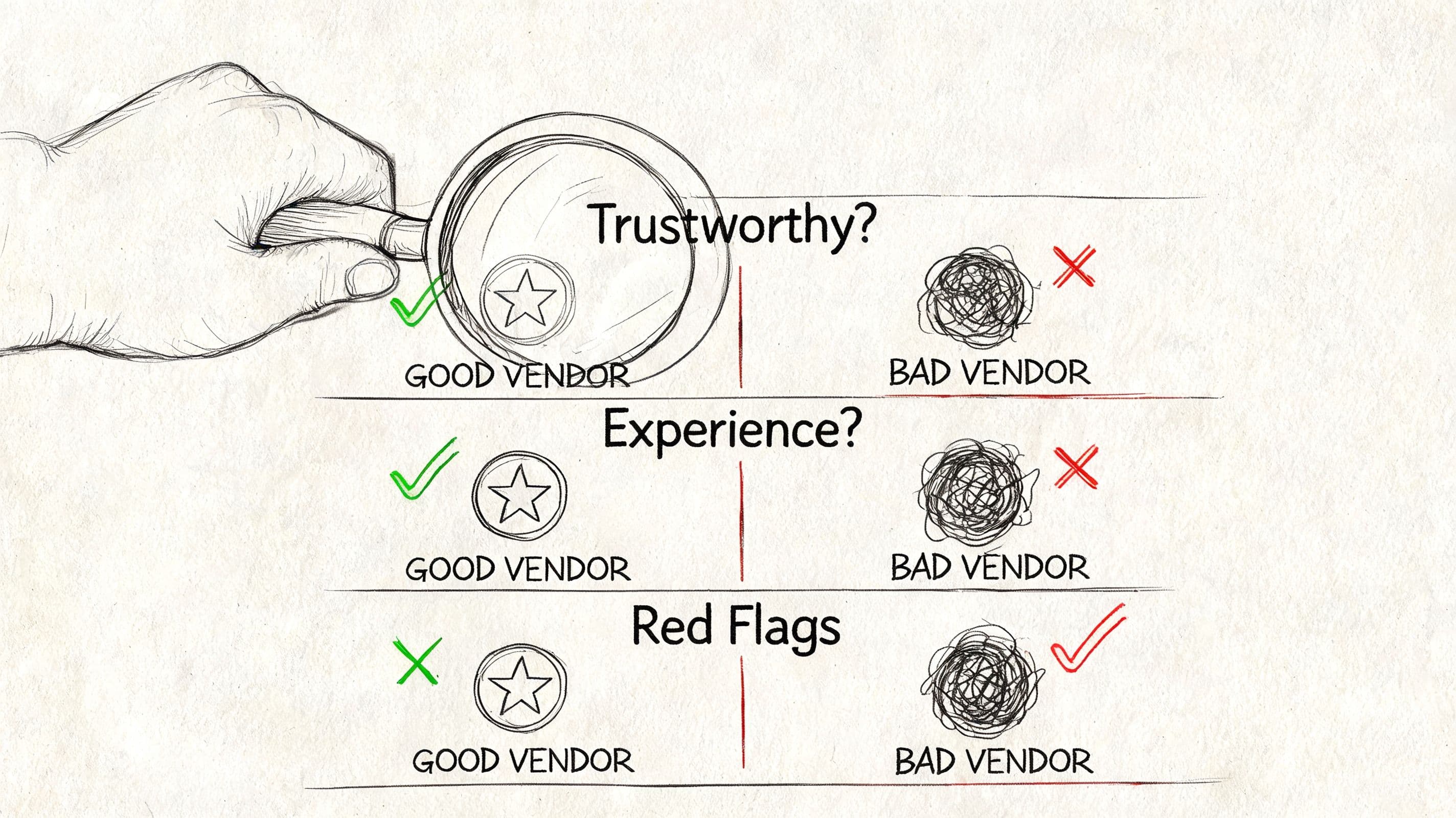 A conceptual sketch illustrating the differences between a good vendor and a bad vendor using criteria like trustworthiness and experience.