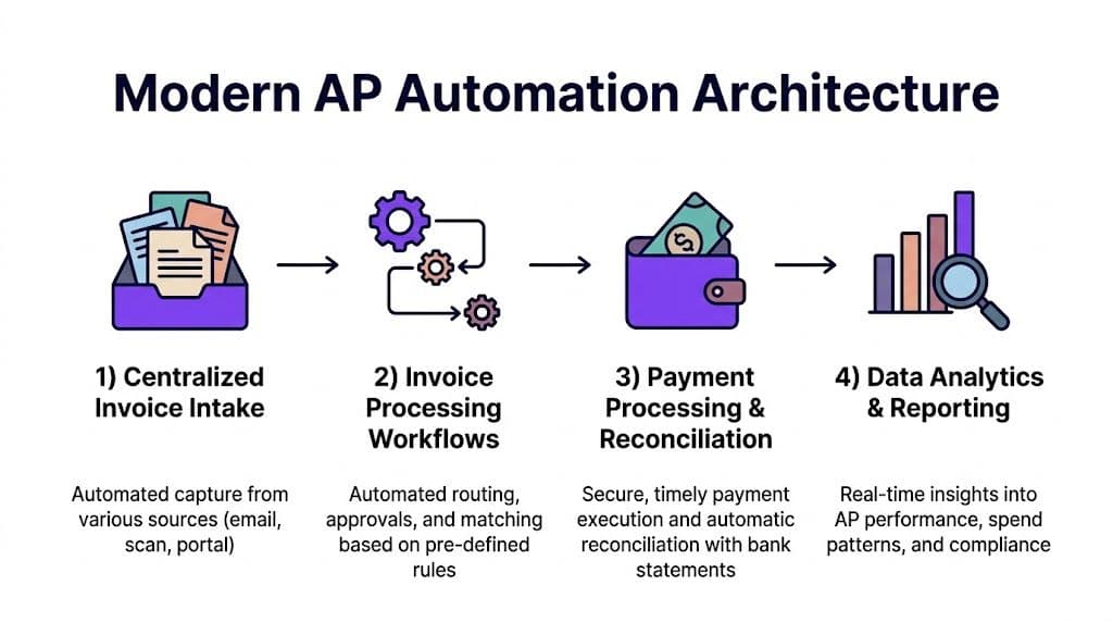 A diagram illustrating the four steps of a modern AP automation architecture workflow process.