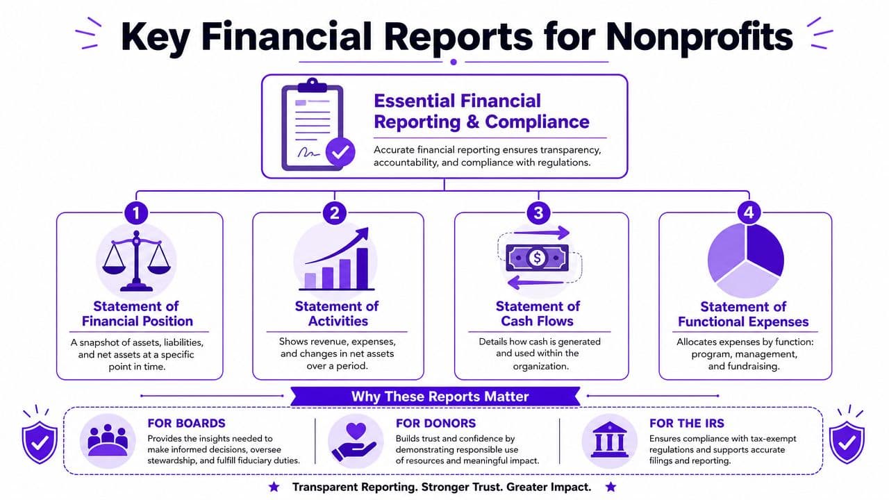 An infographic detailing the four essential financial reports for nonprofits and their importance for stakeholders.