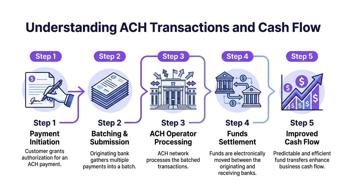 A five-step infographic explaining the ACH transaction process flow from payment initiation to improved business cash flow.