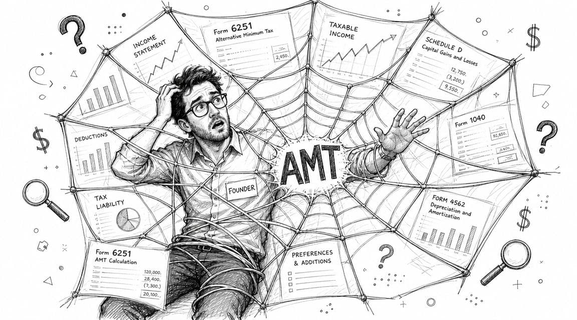 A confused founder entangled in a spider web labeled AMT, surrounded by various financial and tax forms.