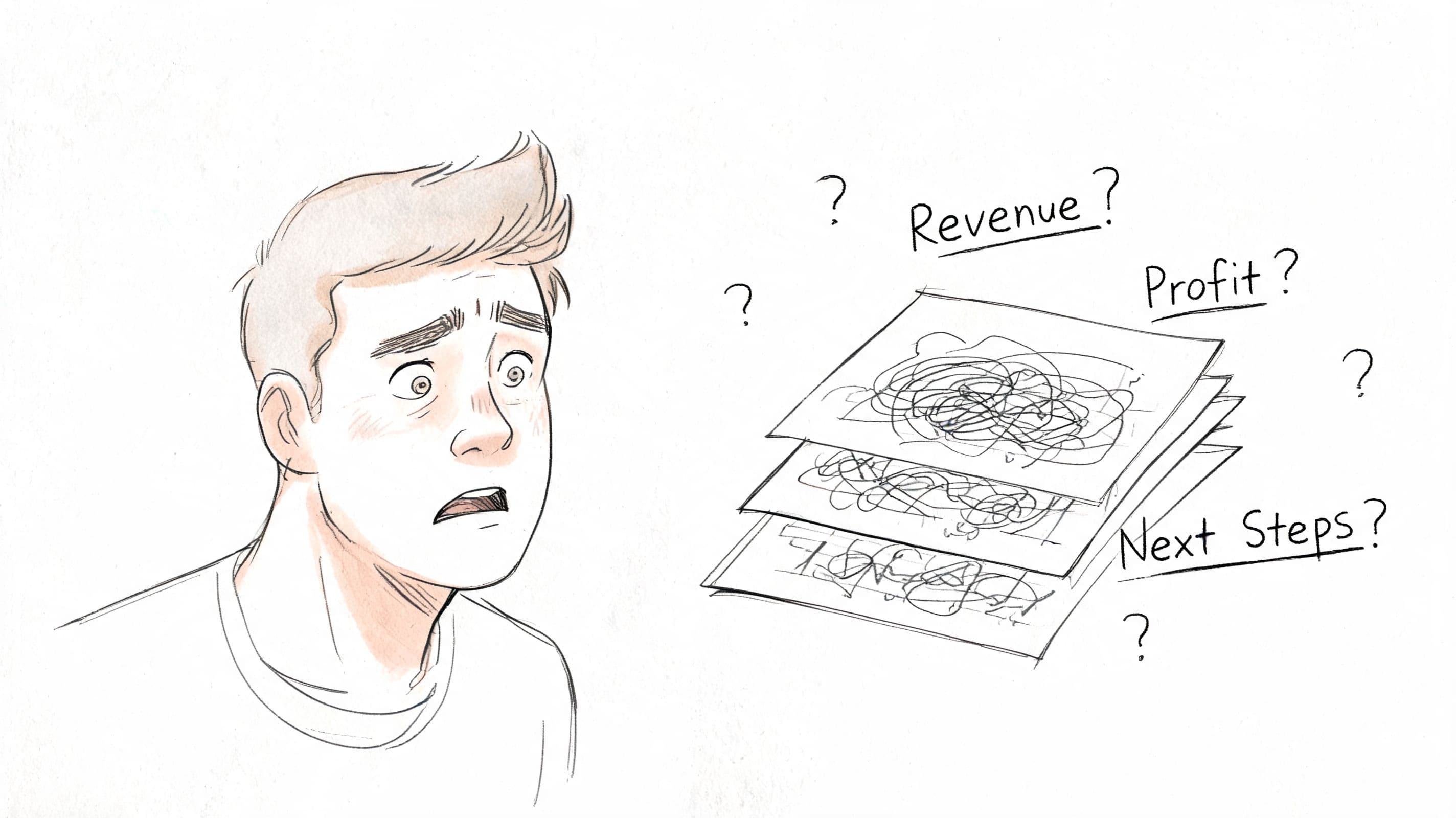 A concerned young man looking at disorganized financial paperwork with question marks surrounding revenue, profit, and next steps.