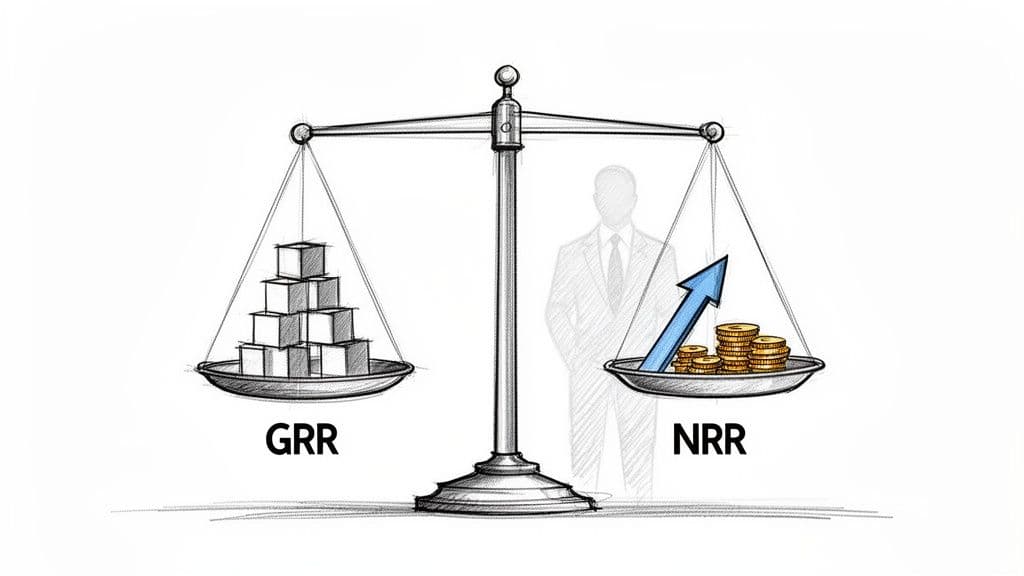 A balance scale comparing GRR (boxes) and NRR (coins, arrow) with a businessman in the background.