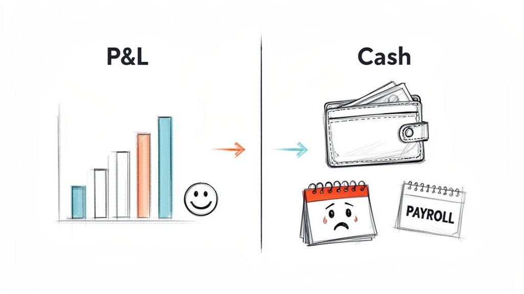An illustration contrasting a happy P&L bar chart with a sad cash flow calendar and payroll obligations.