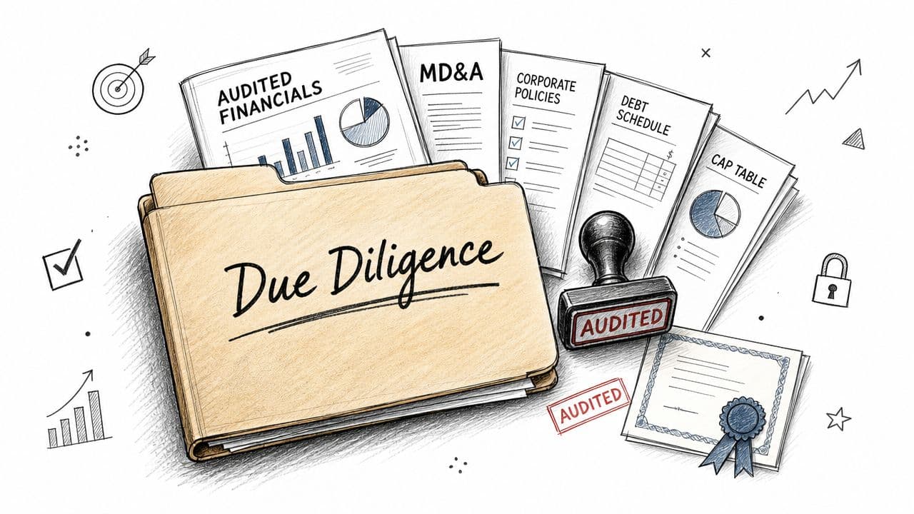 A professional folder labeled Due Diligence surrounded by financial documents, an audit stamp, and a certificate.
