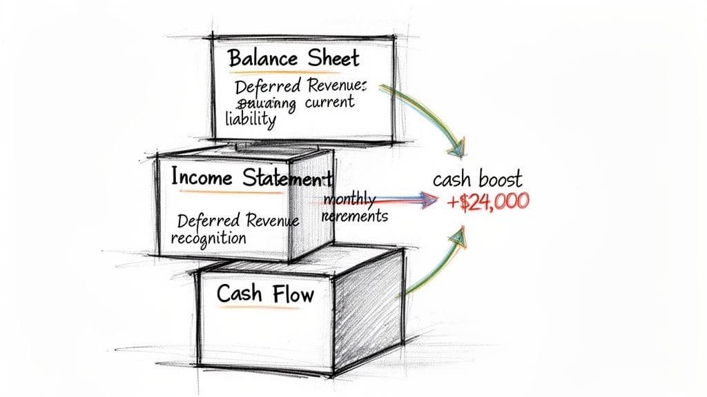A diagram illustrating the interconnectedness of Balance Sheet, Income Statement, and Cash Flow related to deferred revenue and a cash boost of $24,000.