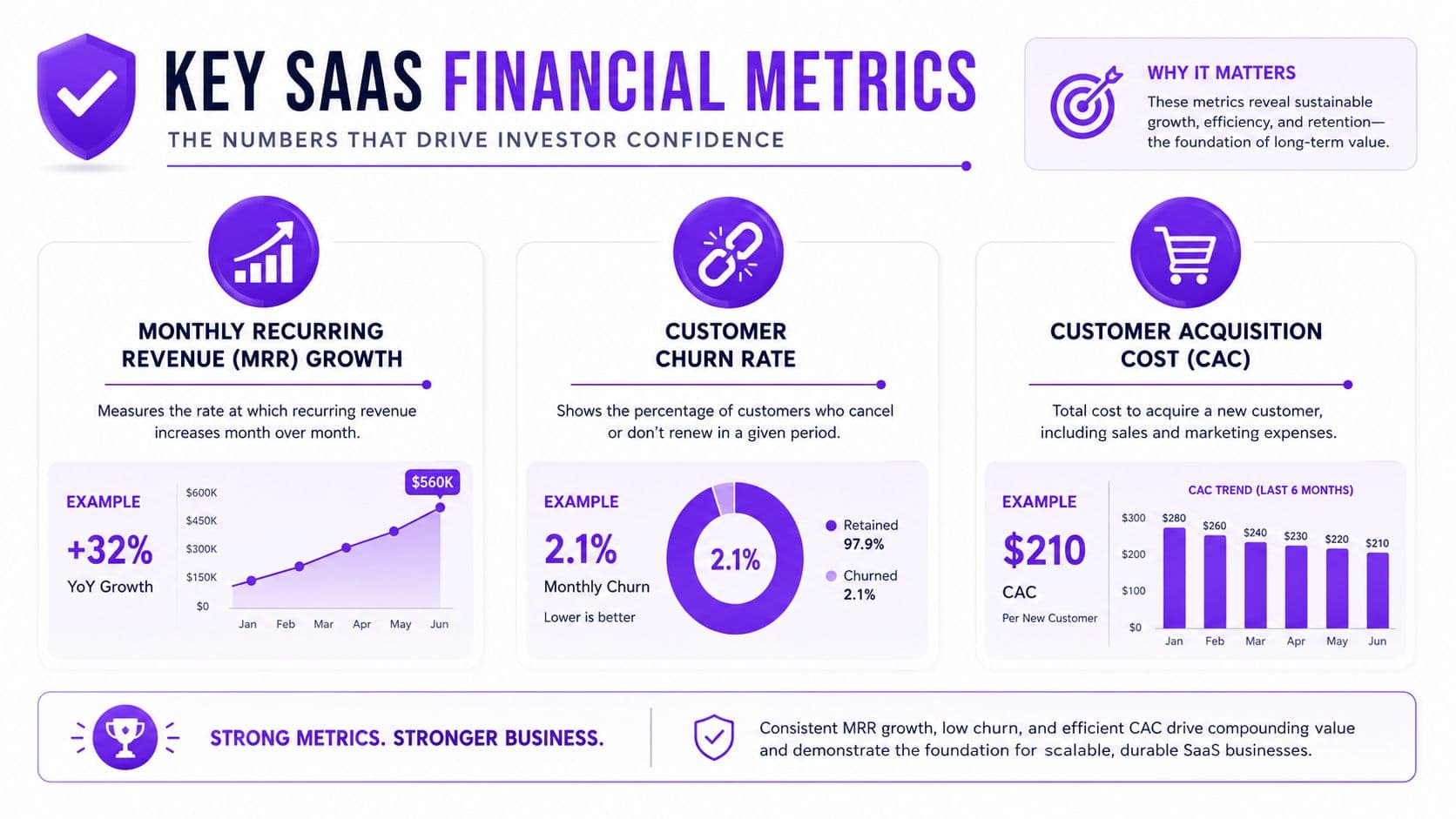 An infographic showing key SaaS financial metrics including MRR growth, customer churn rate, and acquisition costs.