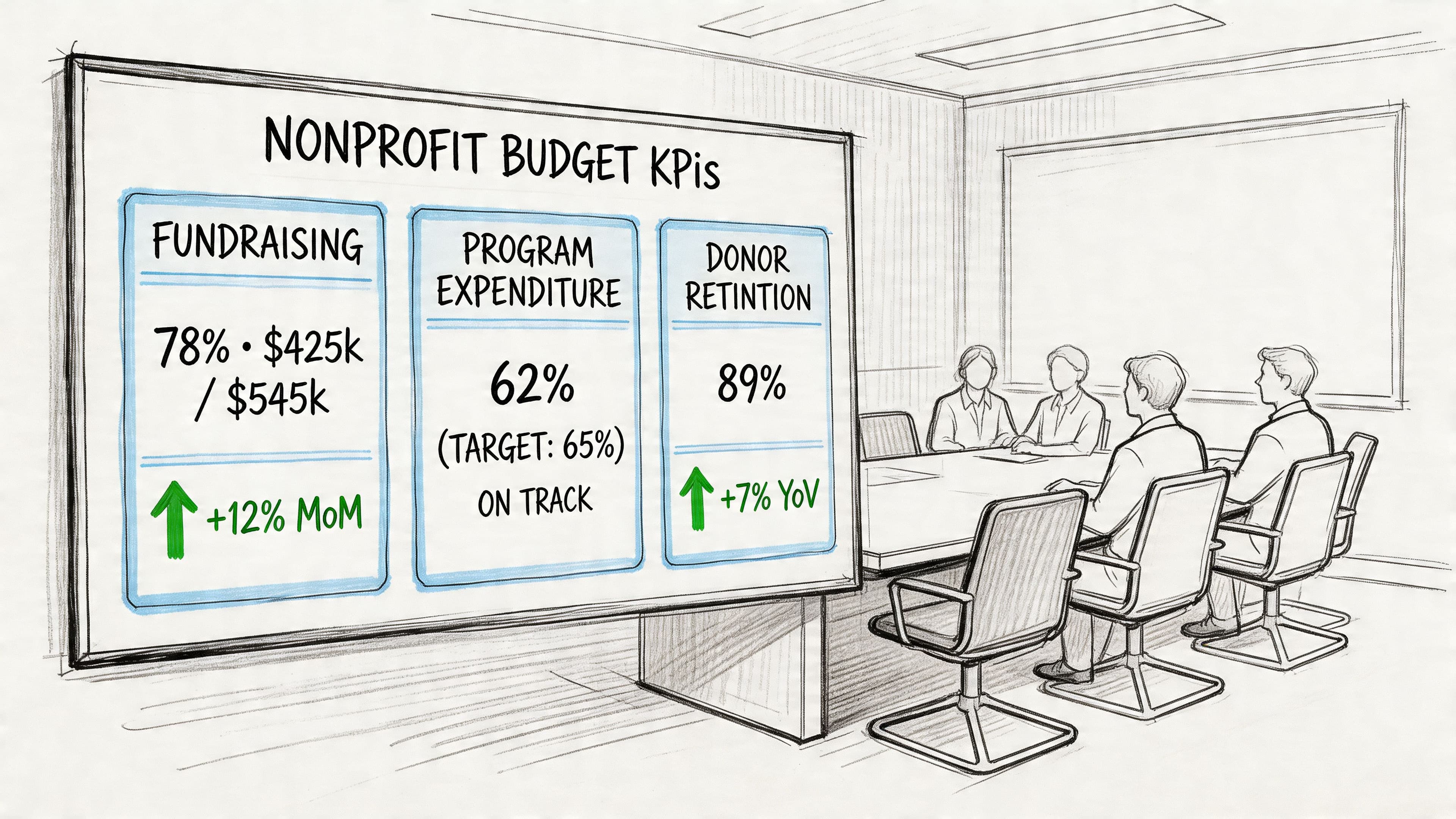 A professional meeting with people reviewing a whiteboard displaying nonprofit budget KPIs including fundraising, expenditures, and retention.