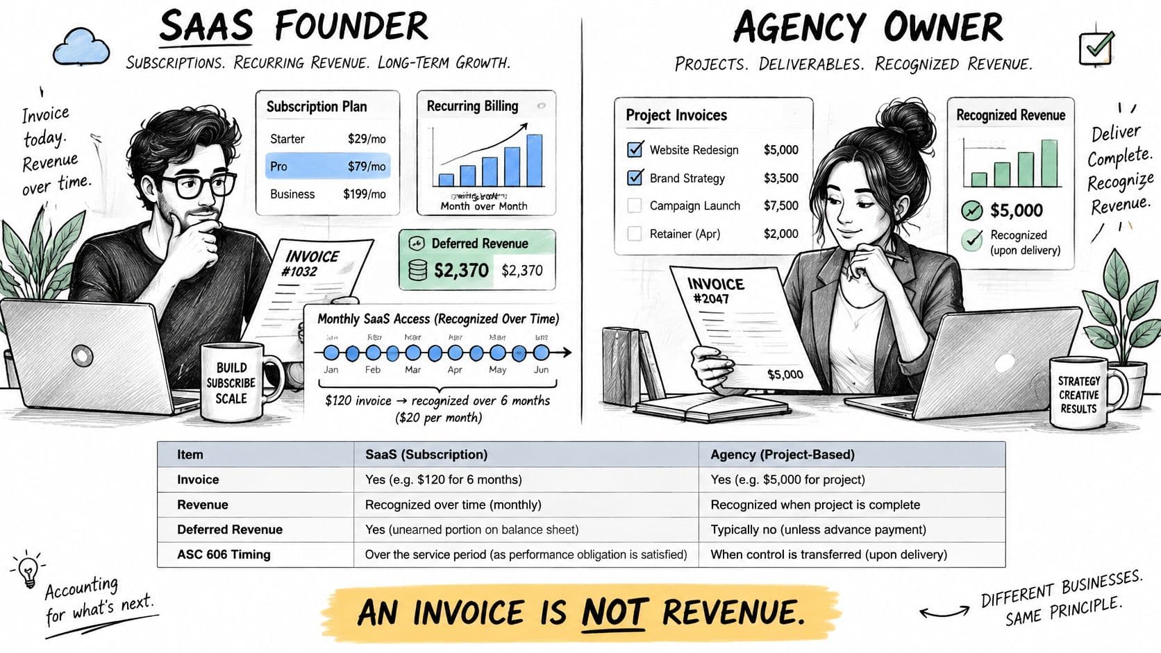 An infographic illustrating the difference between recurring revenue for SaaS models and project-based revenue for agencies.