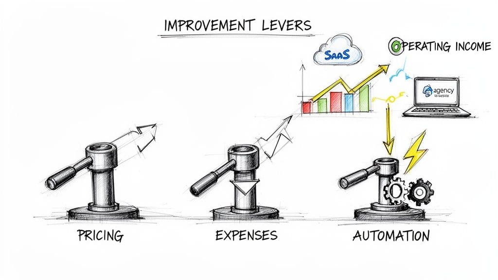 Visual metaphor illustrating three improvement levers: pricing, expenses, and automation, impacting operating income with growth charts.