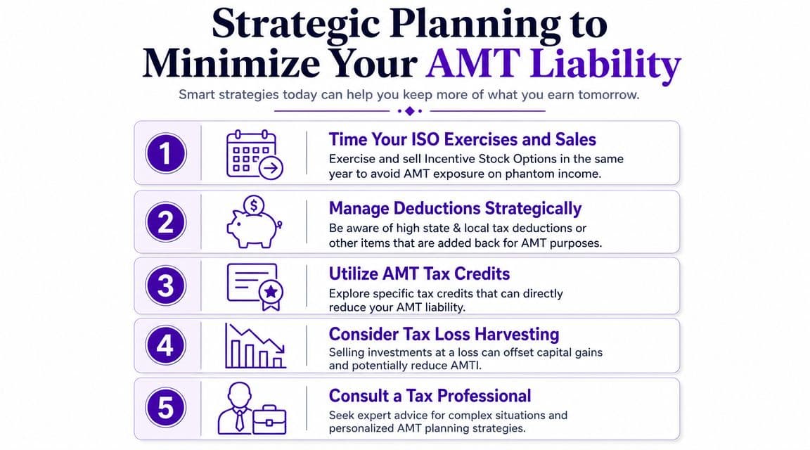 An infographic titled Strategic Planning to Minimize Your AMT Liability, listing five tips for reducing tax burden.