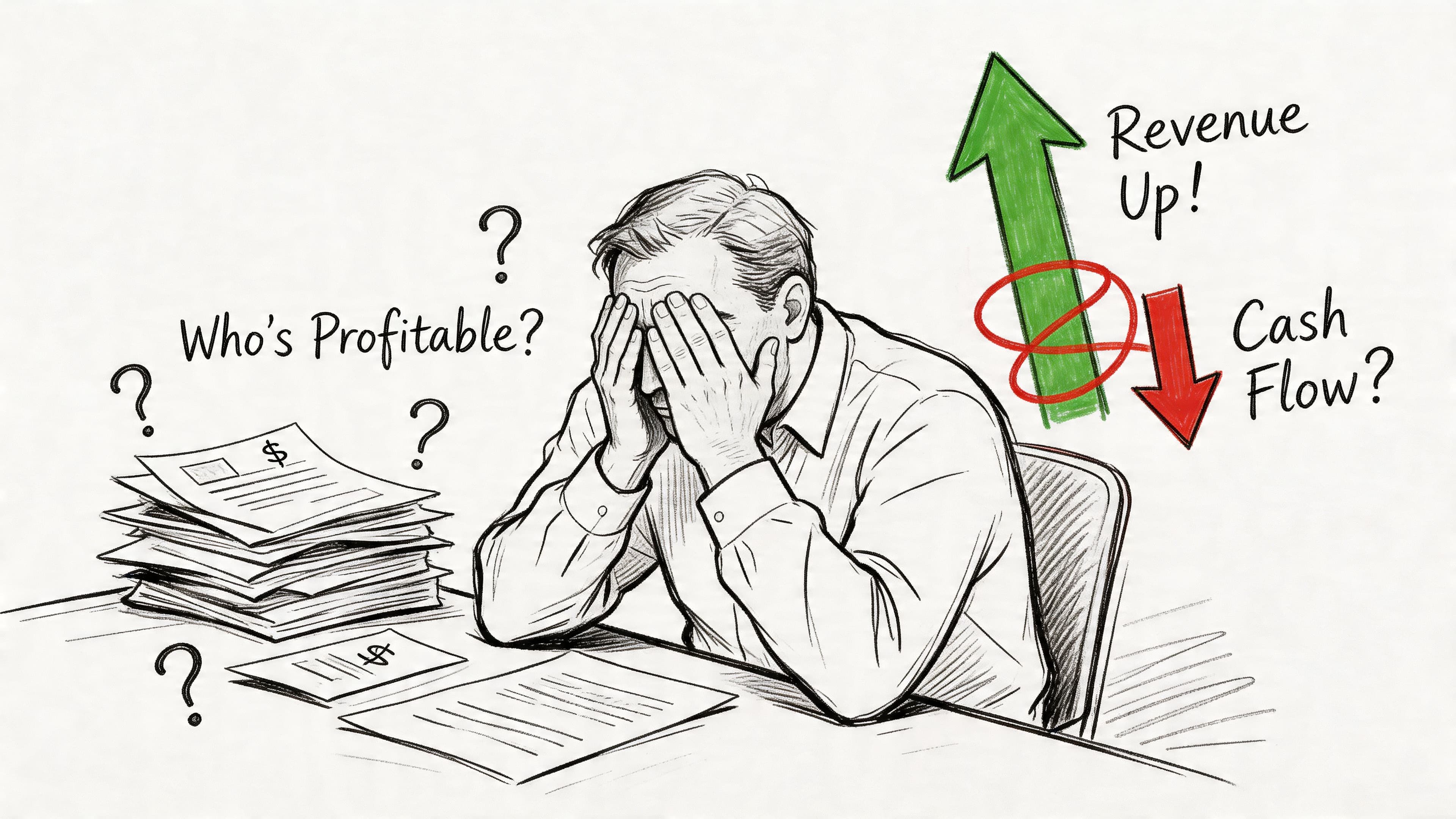 A distressed businessman overwhelmed by stacks of financial documents and complex cash flow questions.