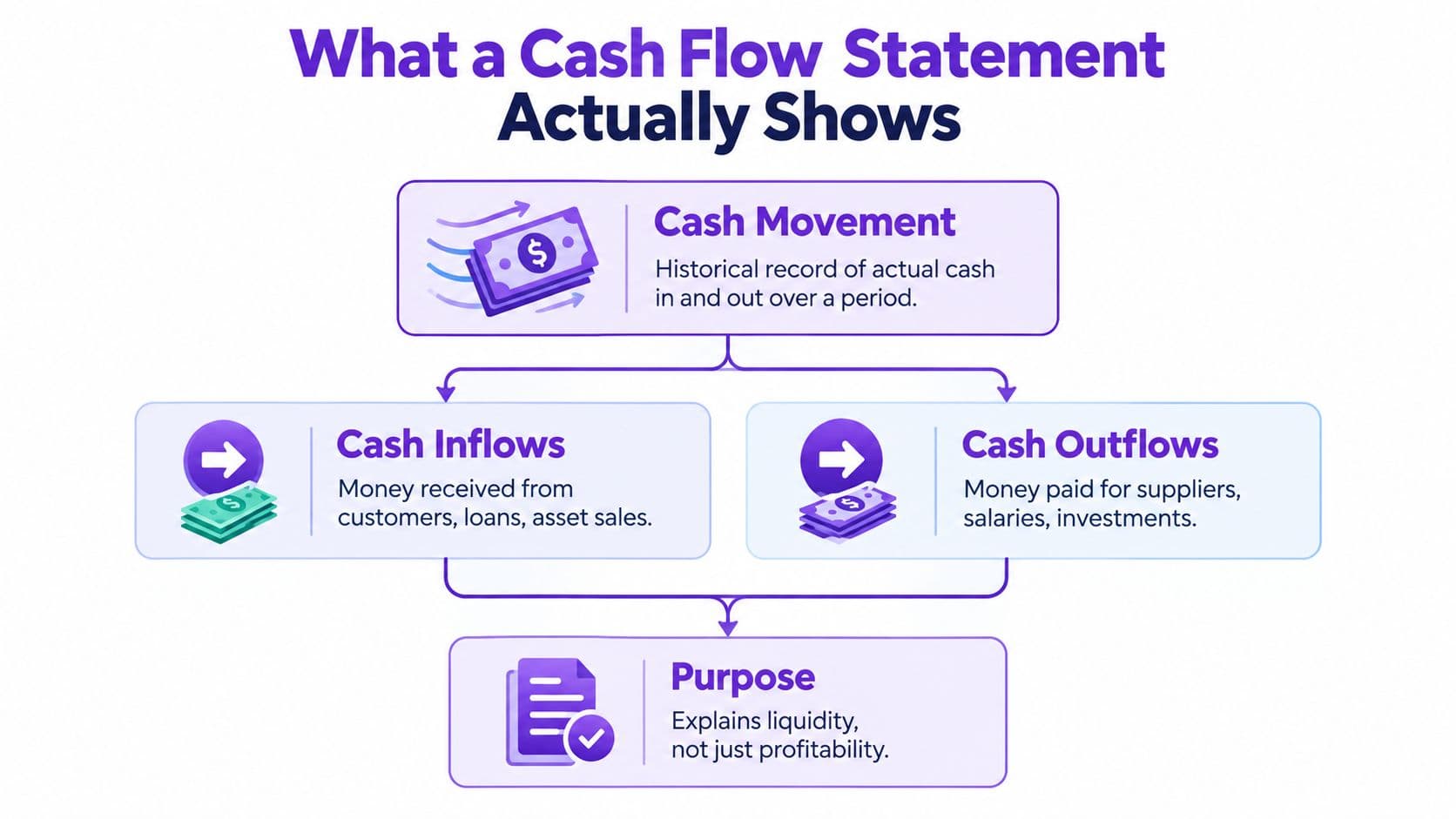A diagram illustrating what a cash flow statement shows, including cash movement, inflows, outflows, and purpose.