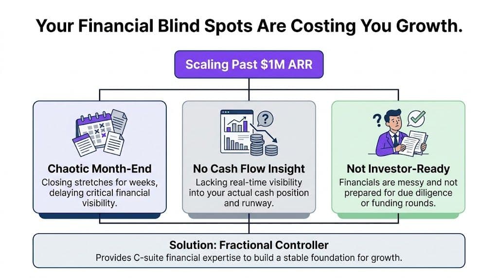 A flowchart showing how financial blind spots affect growth and how hiring a fractional controller provides solutions.