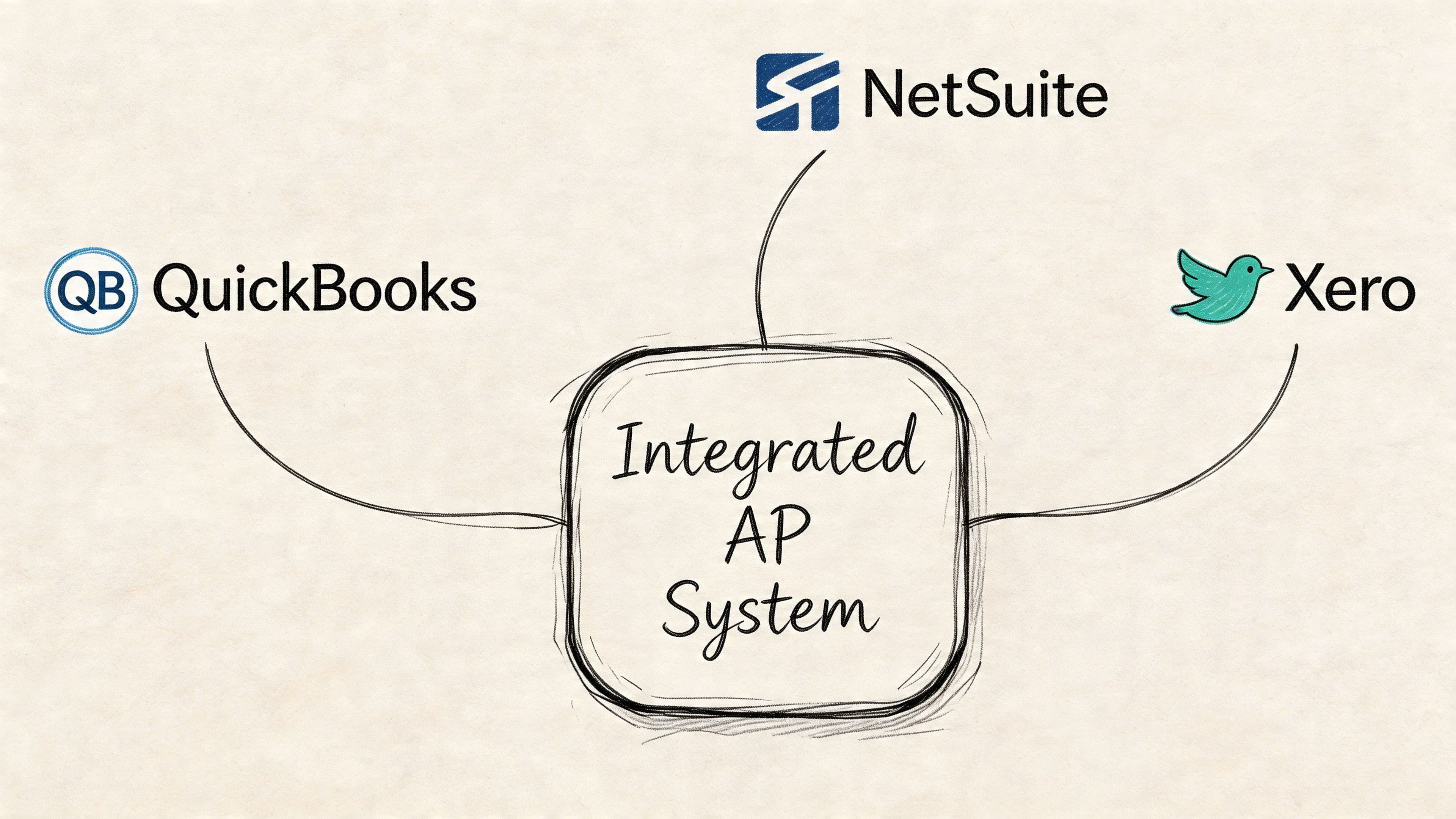 A diagram illustrating an integrated accounts payable system connected to QuickBooks, NetSuite, and Xero accounting software.