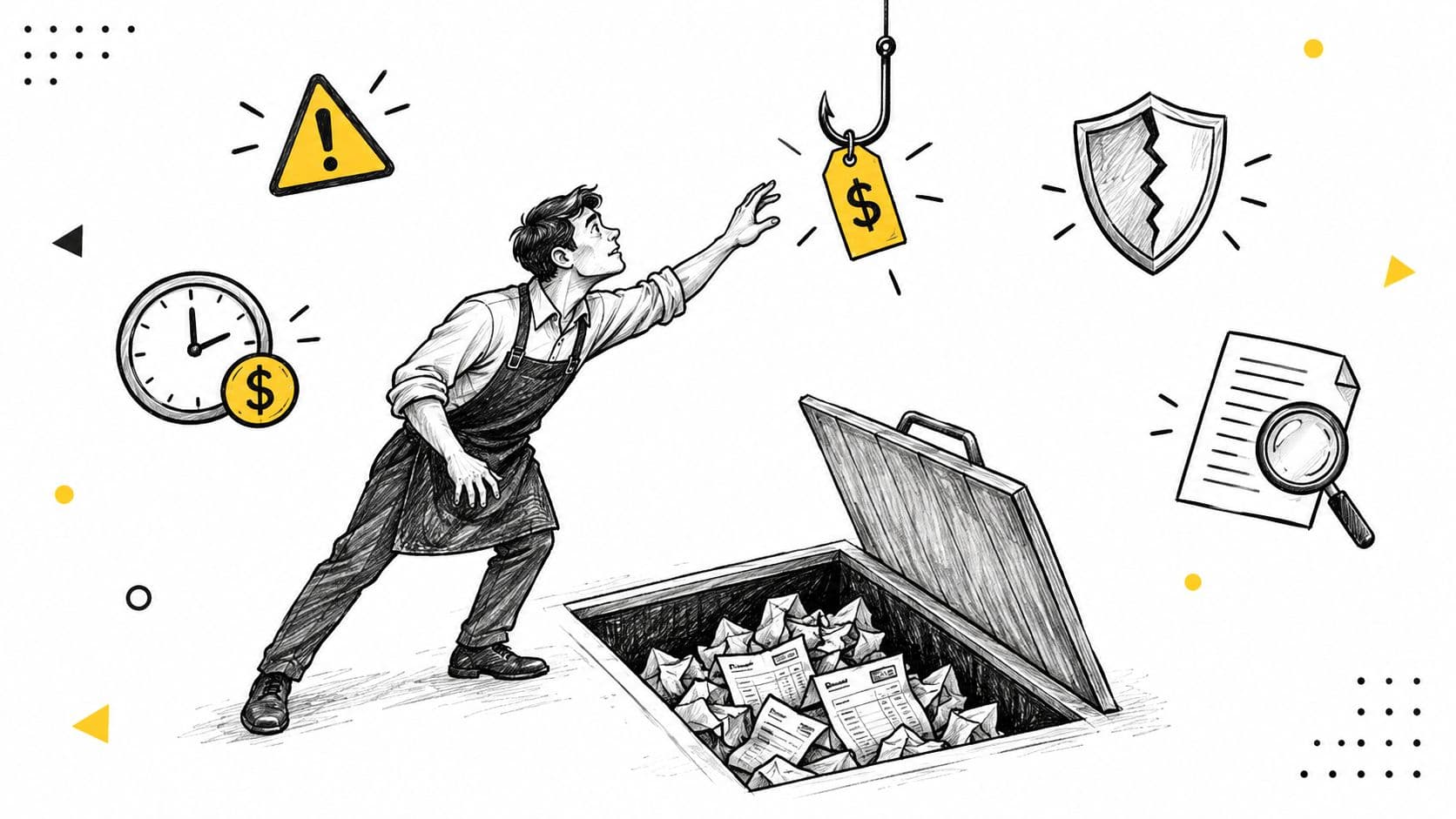 A person in an apron reaching for money on a hook, symbolizing the hidden costs of bookkeeping.