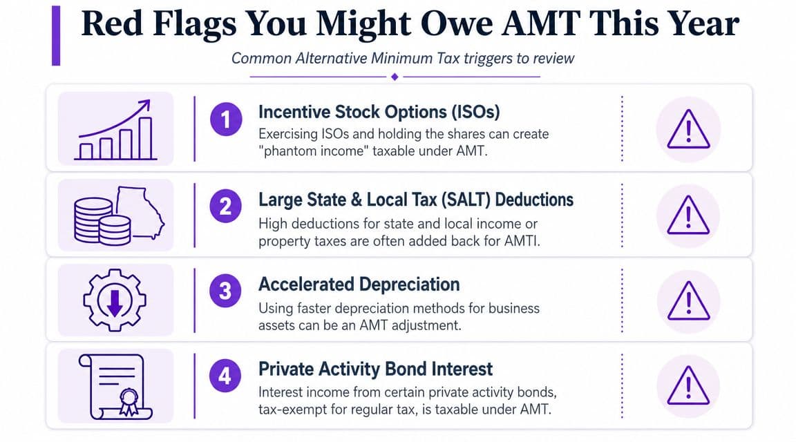 An infographic listing four common triggers that might indicate you owe Alternative Minimum Tax this year.