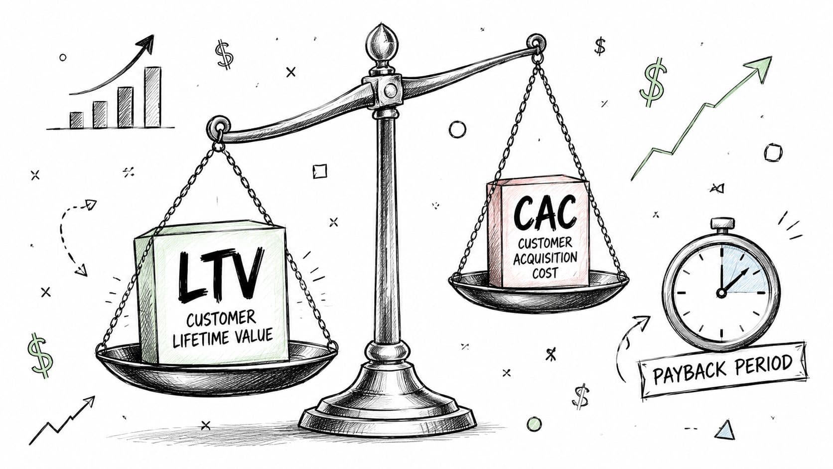 A hand-drawn scale balancing LTV, Customer Lifetime Value, and CAC, Customer Acquisition Cost, with a stopwatch symbol.