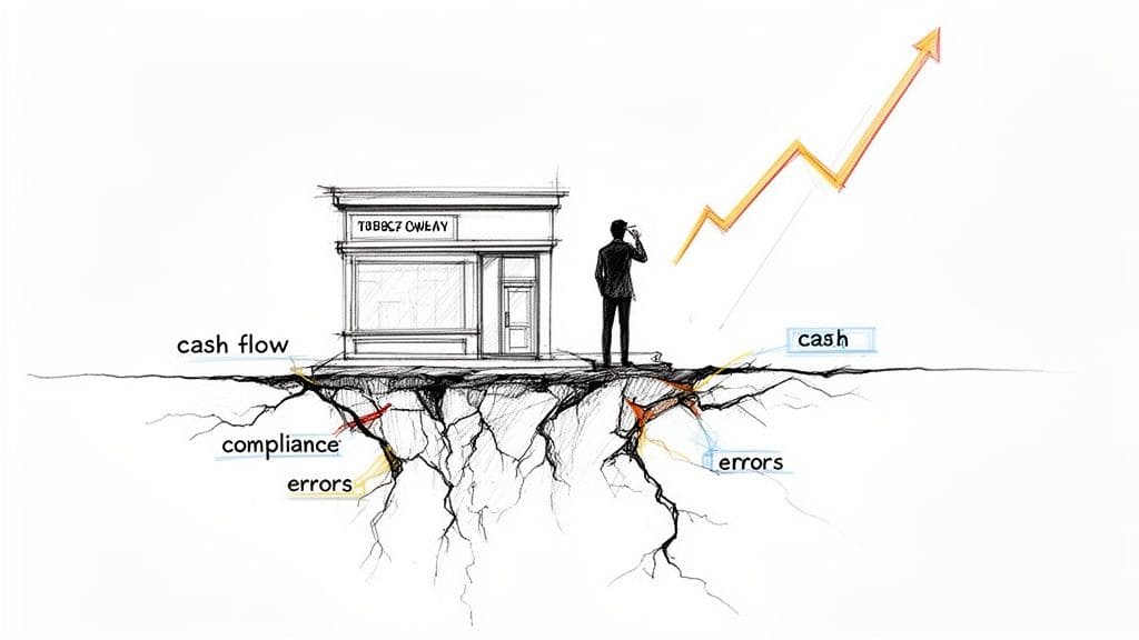 A sketch of a business on cracked ground with a rising arrow, highlighting financial and compliance risks.