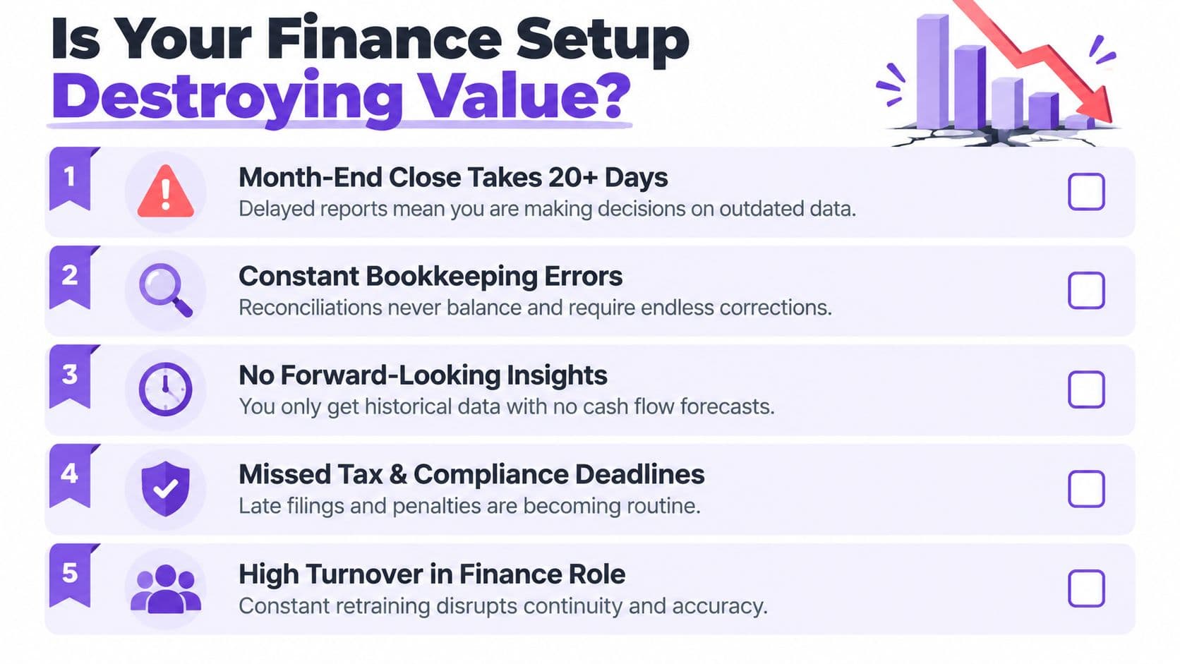 A checklist infographic asking if your finance setup is destroying value, listing five common accounting pain points.