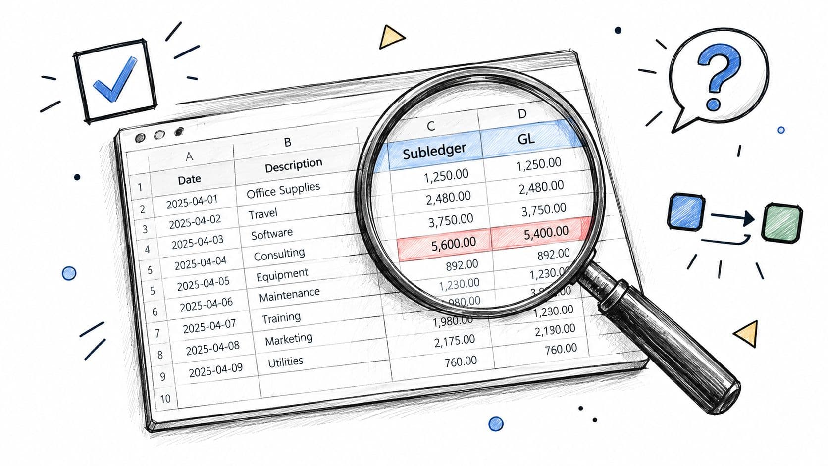 A magnifying glass examining a spreadsheet comparing subledger and general ledger financial data entries.