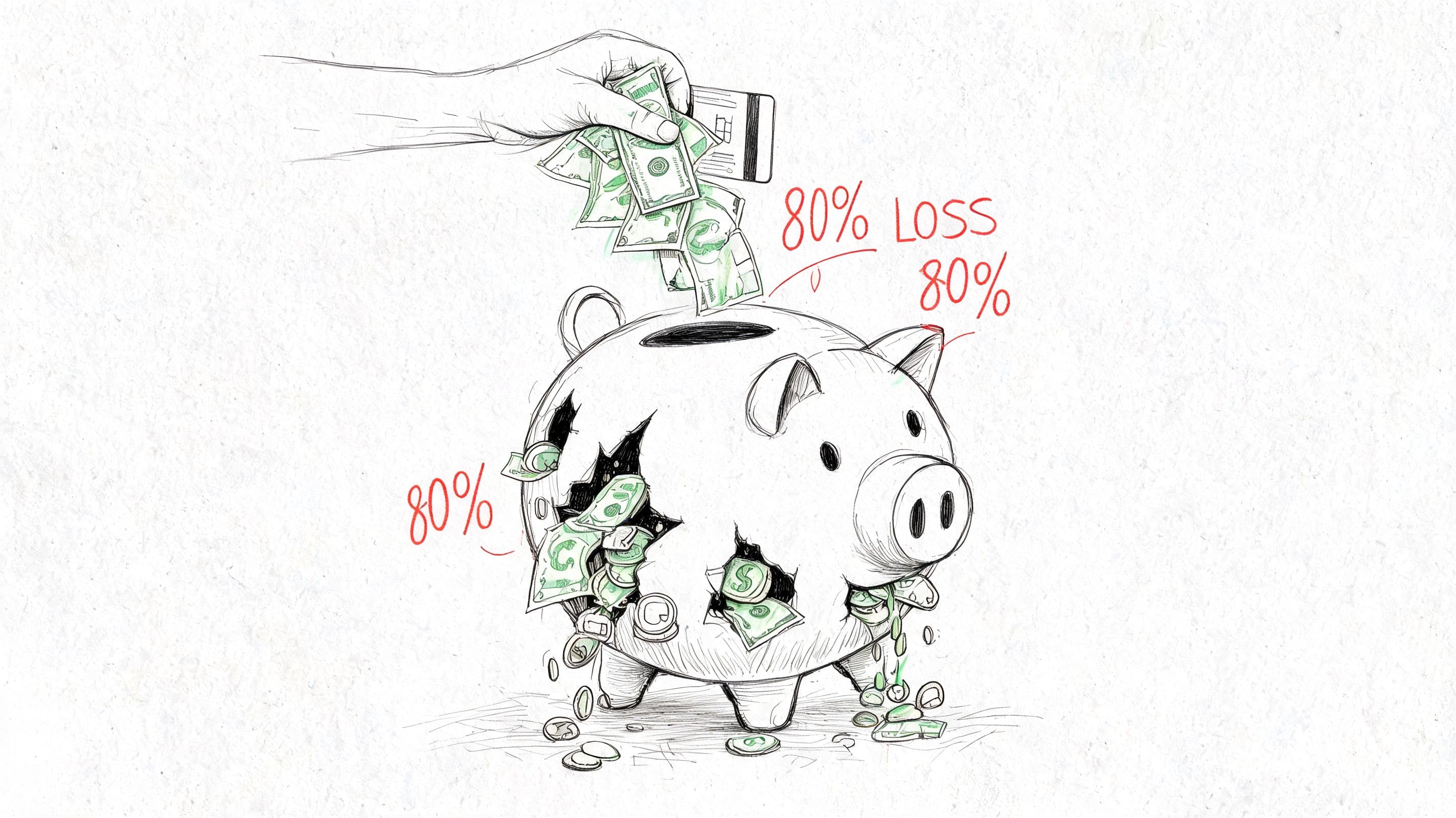 A conceptual illustration showing a piggy bank losing money with an 80 percent loss label