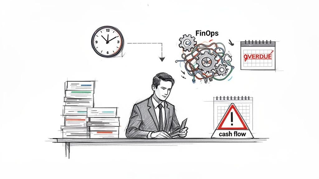 FinOps illustration: businessman overwhelmed by overdue tasks, complex processes, and cash flow warnings.
