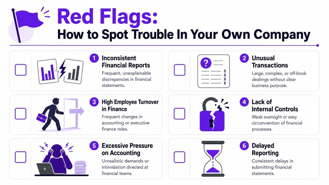 An infographic titled Red Flags detailing six signs of potential financial fraud or trouble in a company.