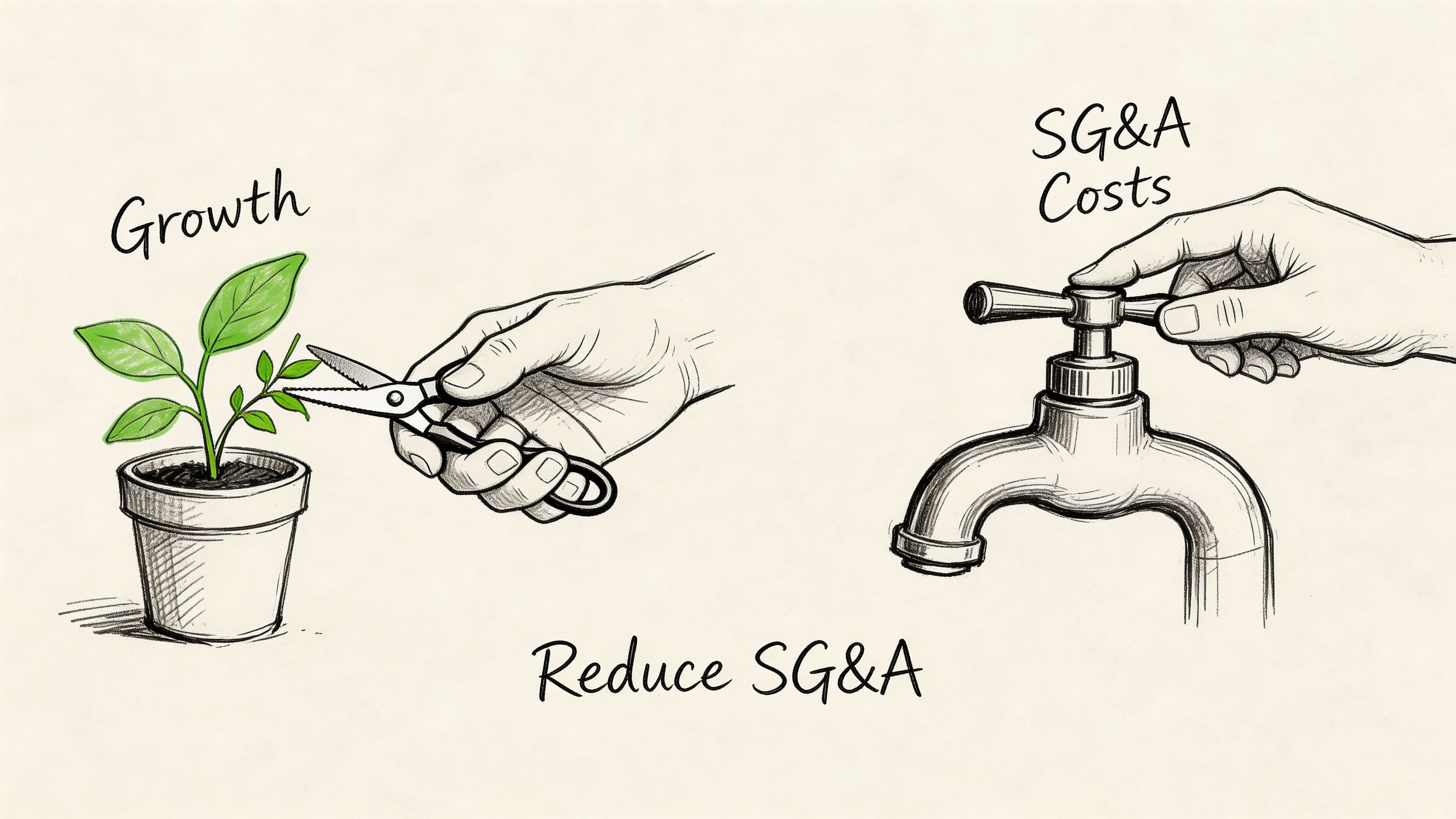 A hand trimming a plant labeled growth while another hand turns off a faucet labeled SG&A costs.