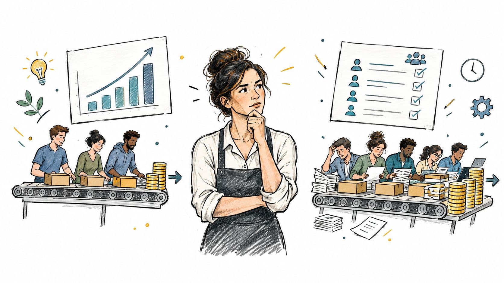 A businesswoman comparing a productive team working efficiently with an overwhelmed team struggling with heavy workloads.
