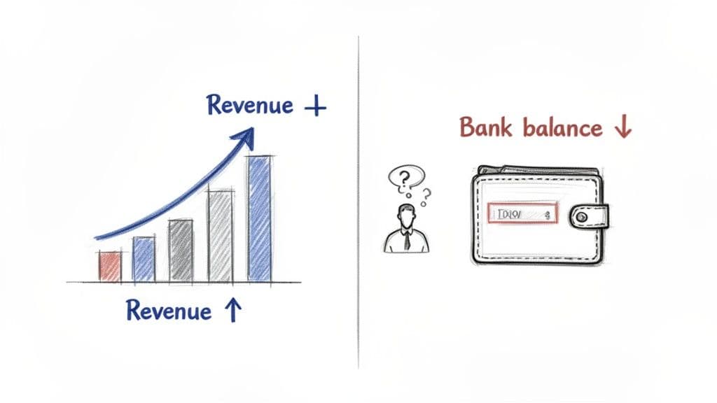 Hand-drawn illustration comparing rising revenue with a confused person and a falling bank balance.