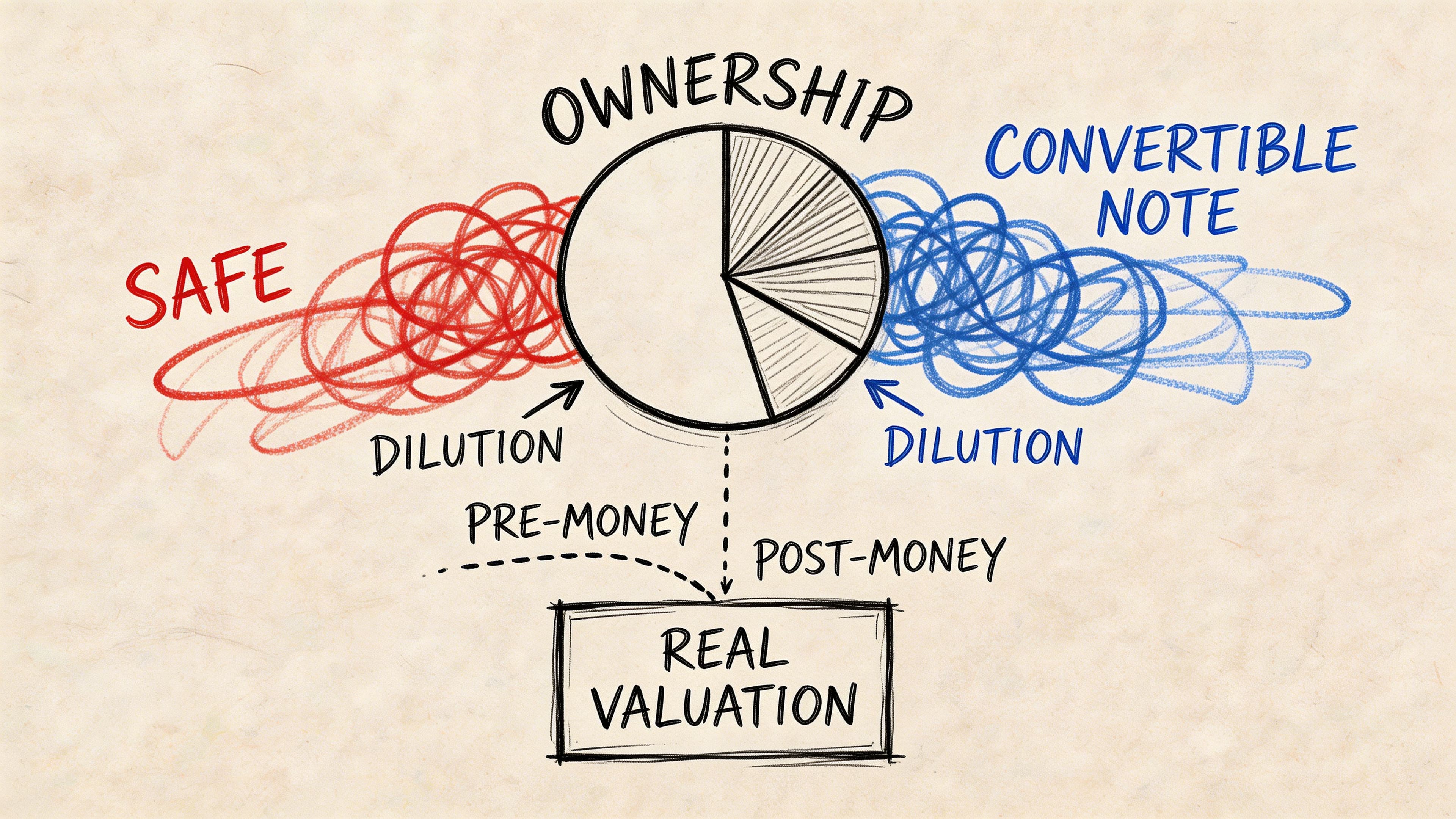 A diagram comparing startup ownership dilution between SAFE and Convertible Note financing structures and their impact on valuation.