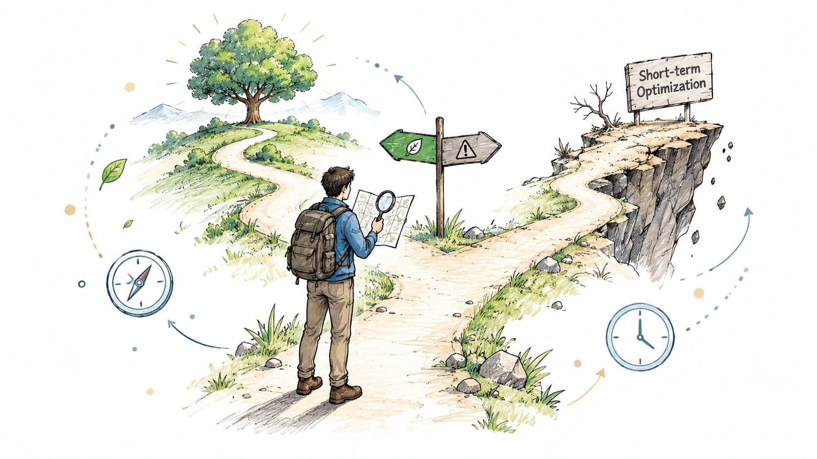 An illustration of a traveler at a crossroads choosing between a sustainable path and short-term optimization.