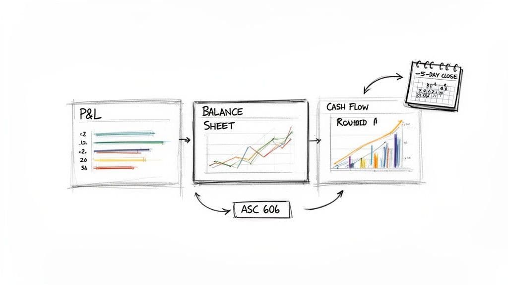 Sketch illustrating the flow of financial statements: P&L, Balance Sheet, and Cash Flow, linked by ASC 606.