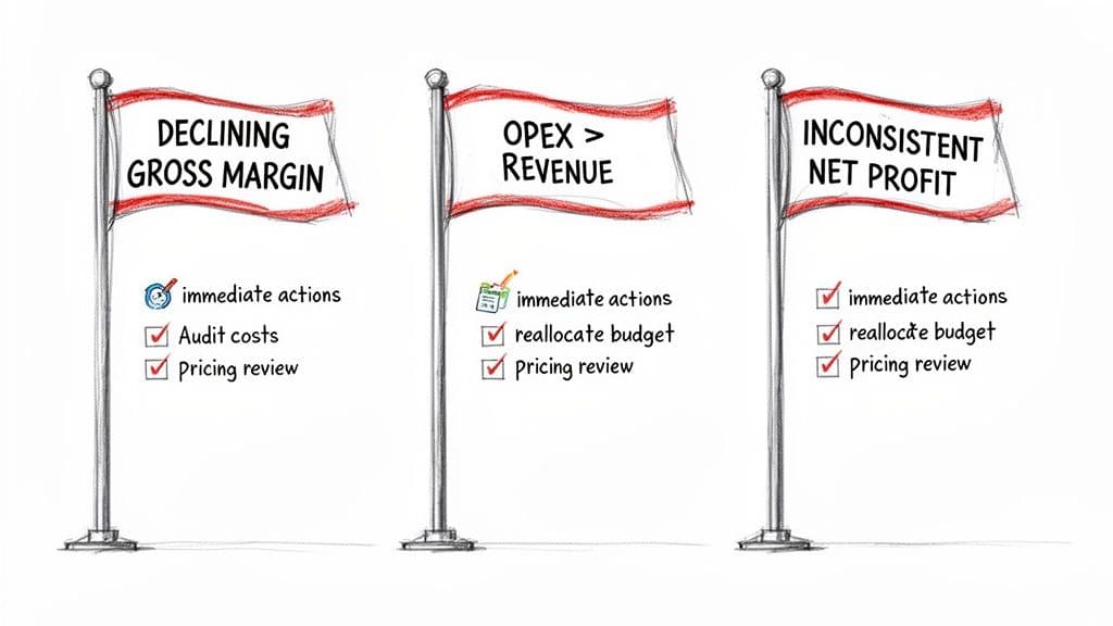 Three flags illustrating financial challenges: declining gross margin, OPEX > revenue, inconsistent net profit, with immediate actions.