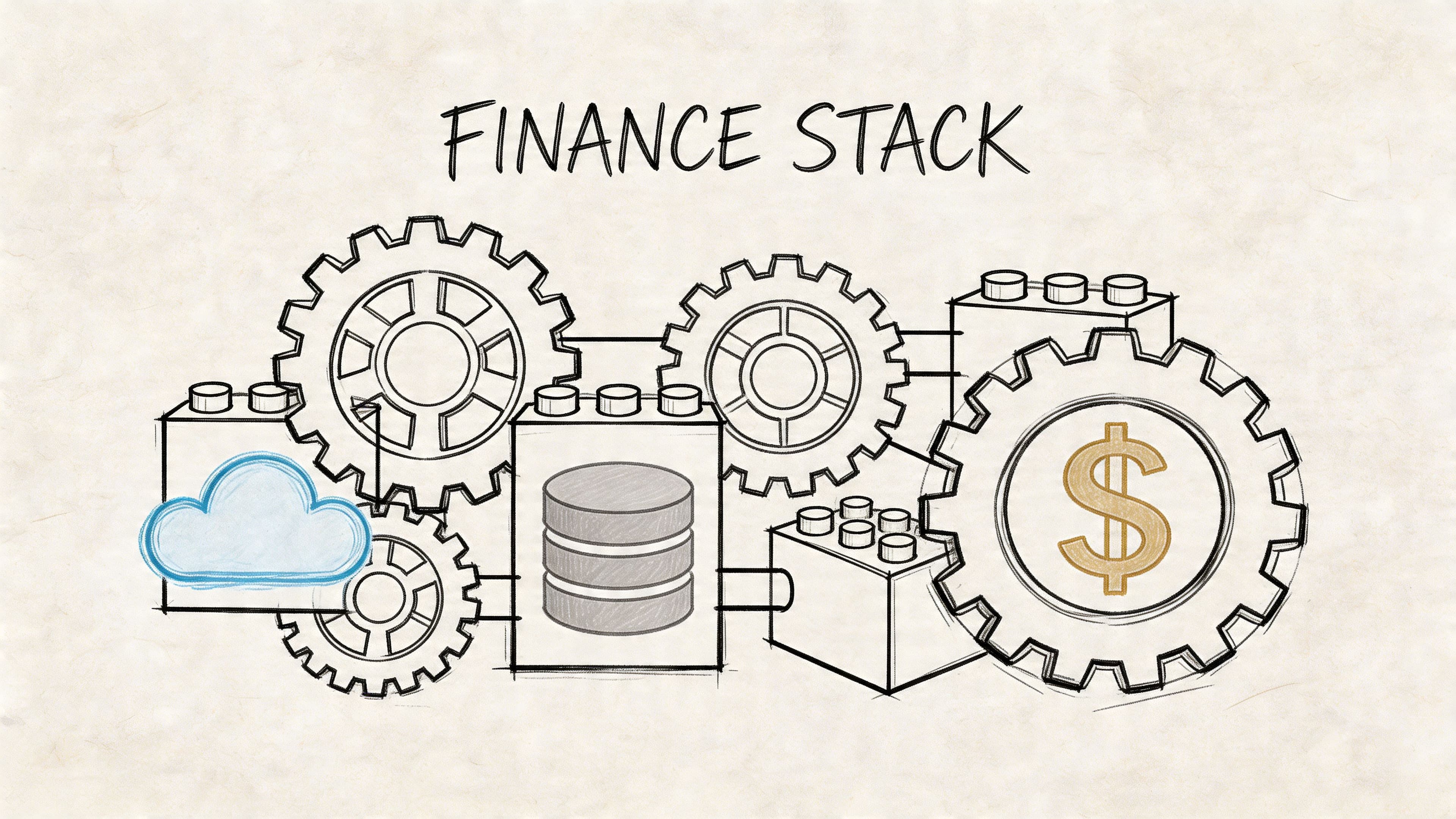 A hand-drawn sketch illustrating a financial technology stack with gears, cloud storage, a database, and dollar signs.