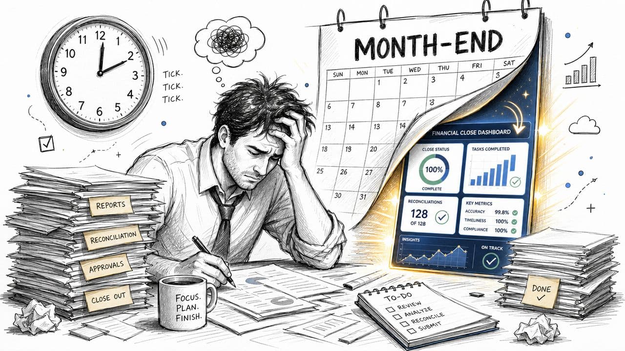 A stressed accountant sitting at a desk surrounded by papers and documents during month-end financial close.
