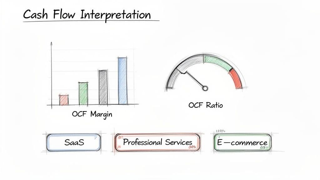 Hand-drawn charts illustrate cash flow interpretation, including OCF margin, ratio, and business types.
