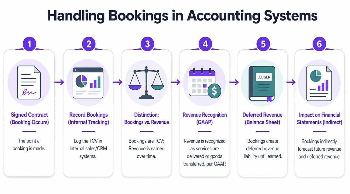 A six-step infographic process flow diagram titled Handling Bookings in Accounting Systems for business financial records.