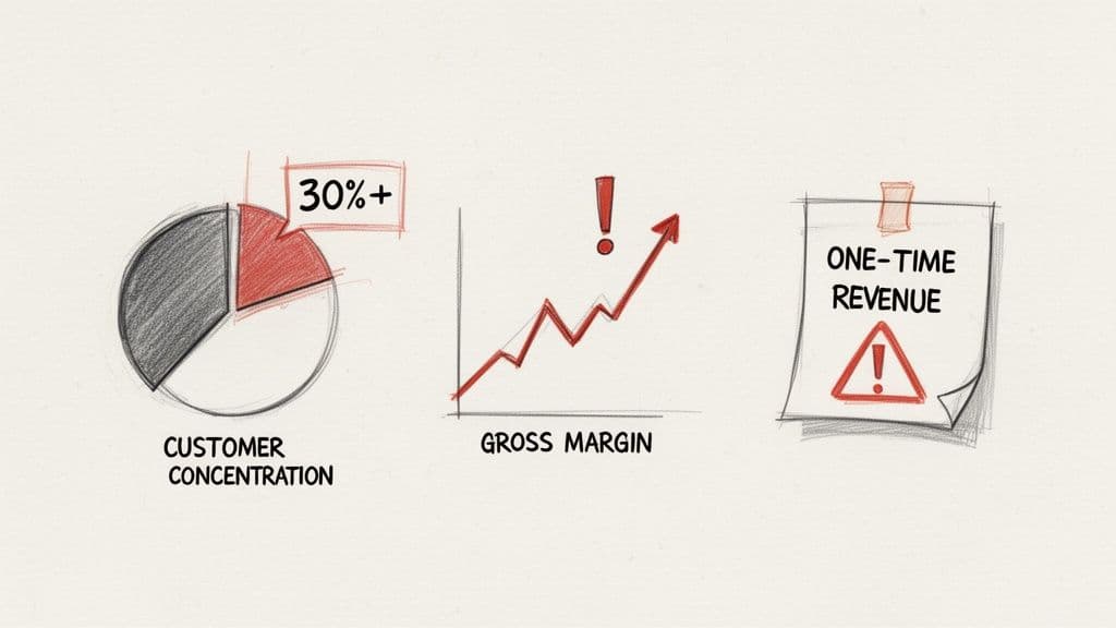 Hand-drawn sketches illustrating financial risks: customer concentration, rising gross margin, and one-time revenue.