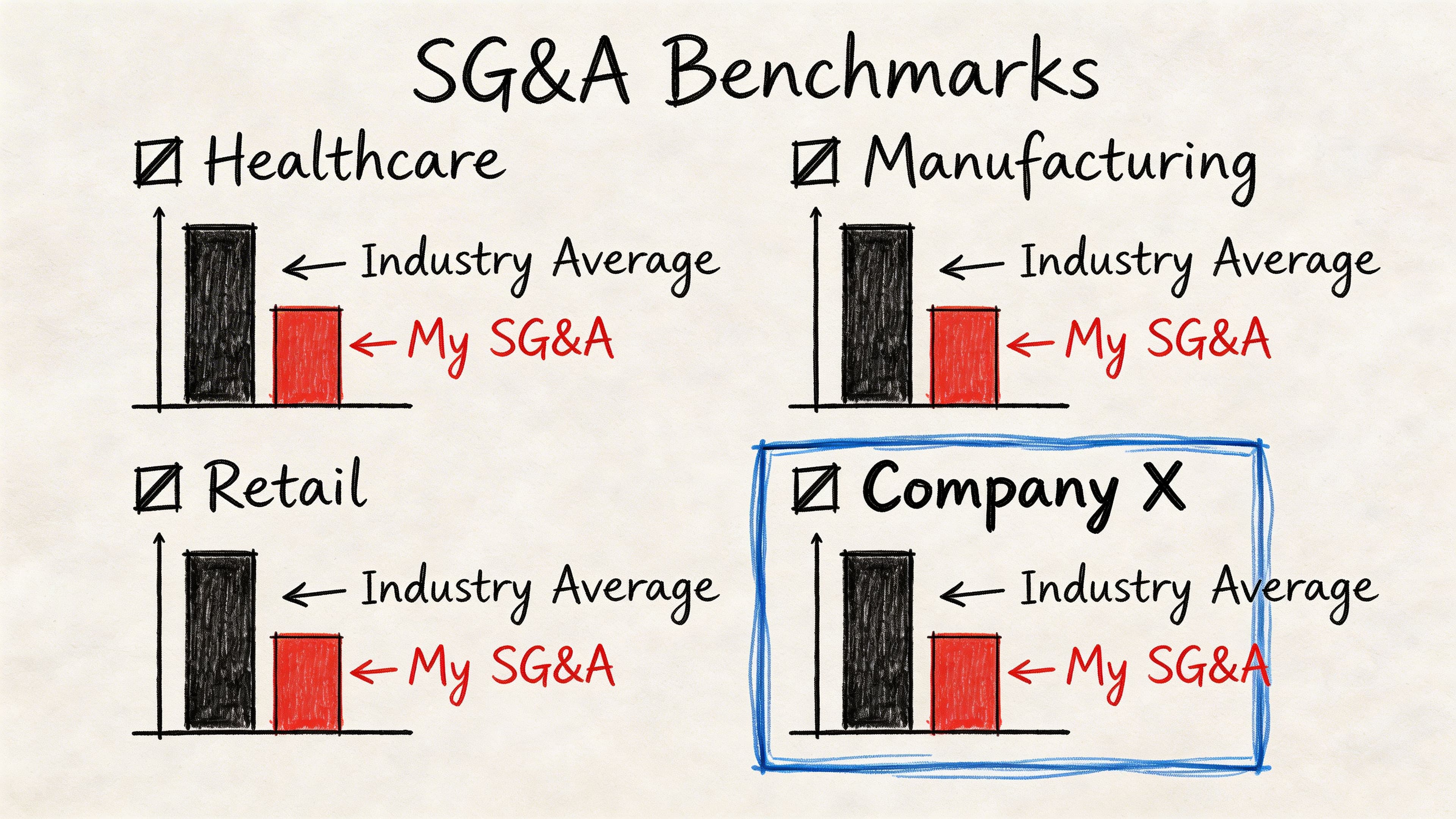 Four bar charts comparing industry average SG&A expenses to a company's own lower SG&A figures.