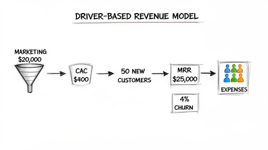 Diagram illustrating a driver-based revenue model with marketing, CAC, new customers, MRR, churn, and expenses.