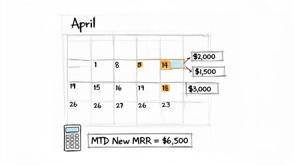 An April calendar displaying daily revenue figures and a calculated month-to-date MRR total.